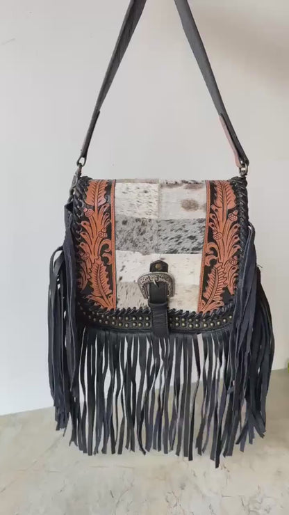 Western Cowhide Fringe Bag – Hand Tooled Leather Crossbody Handbag