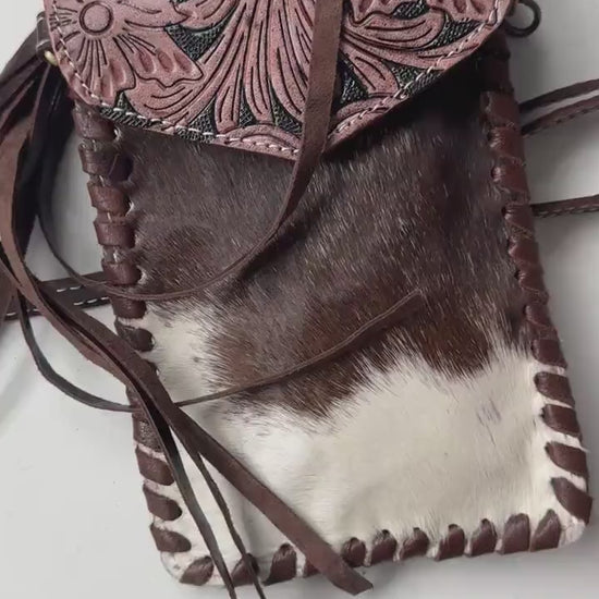 Hand Tooled Leather Cowhide Phone Crossbody Small Bag