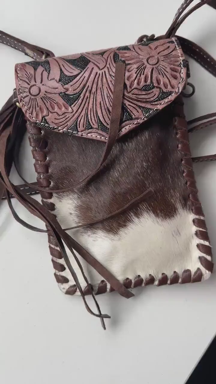 Hand Tooled Leather Cowhide Phone Crossbody Small Bag