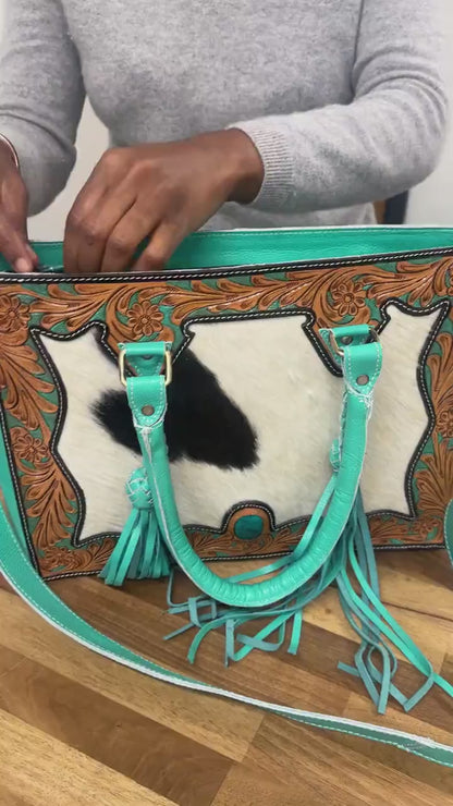 Hand Carved Leather Fringe Tote Bag