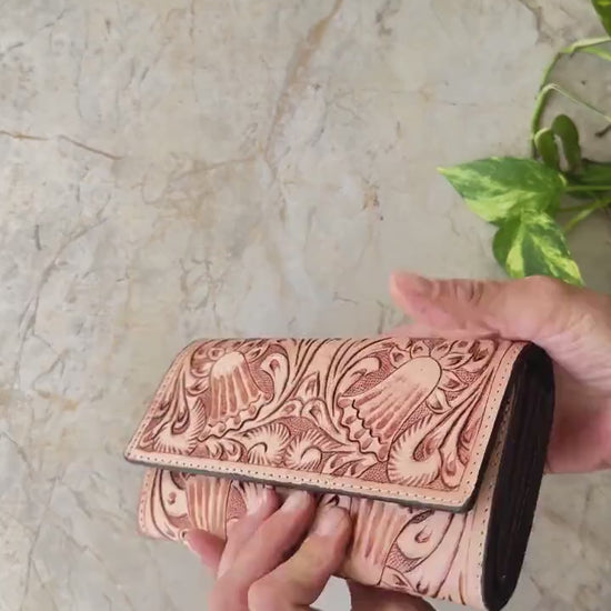 Hand Tooled Leather Purse Wallet Clutch