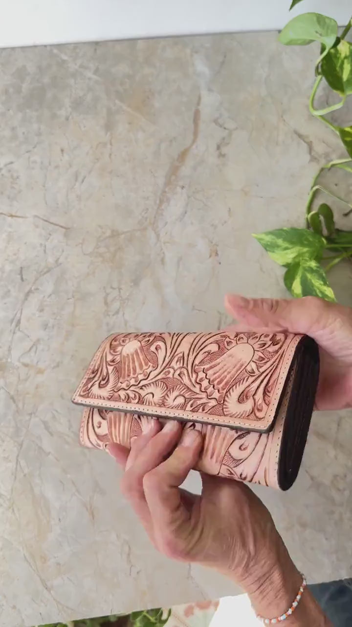 Hand Tooled Leather Purse Wallet Clutch