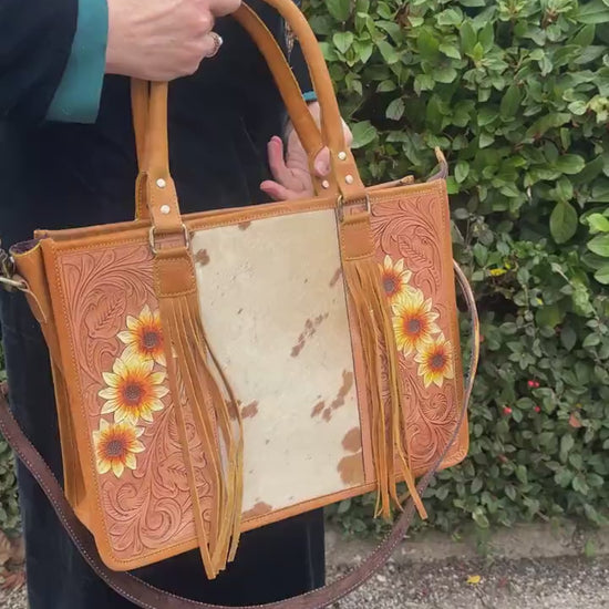 Leather Tote Sunflower hand tooled with hair on