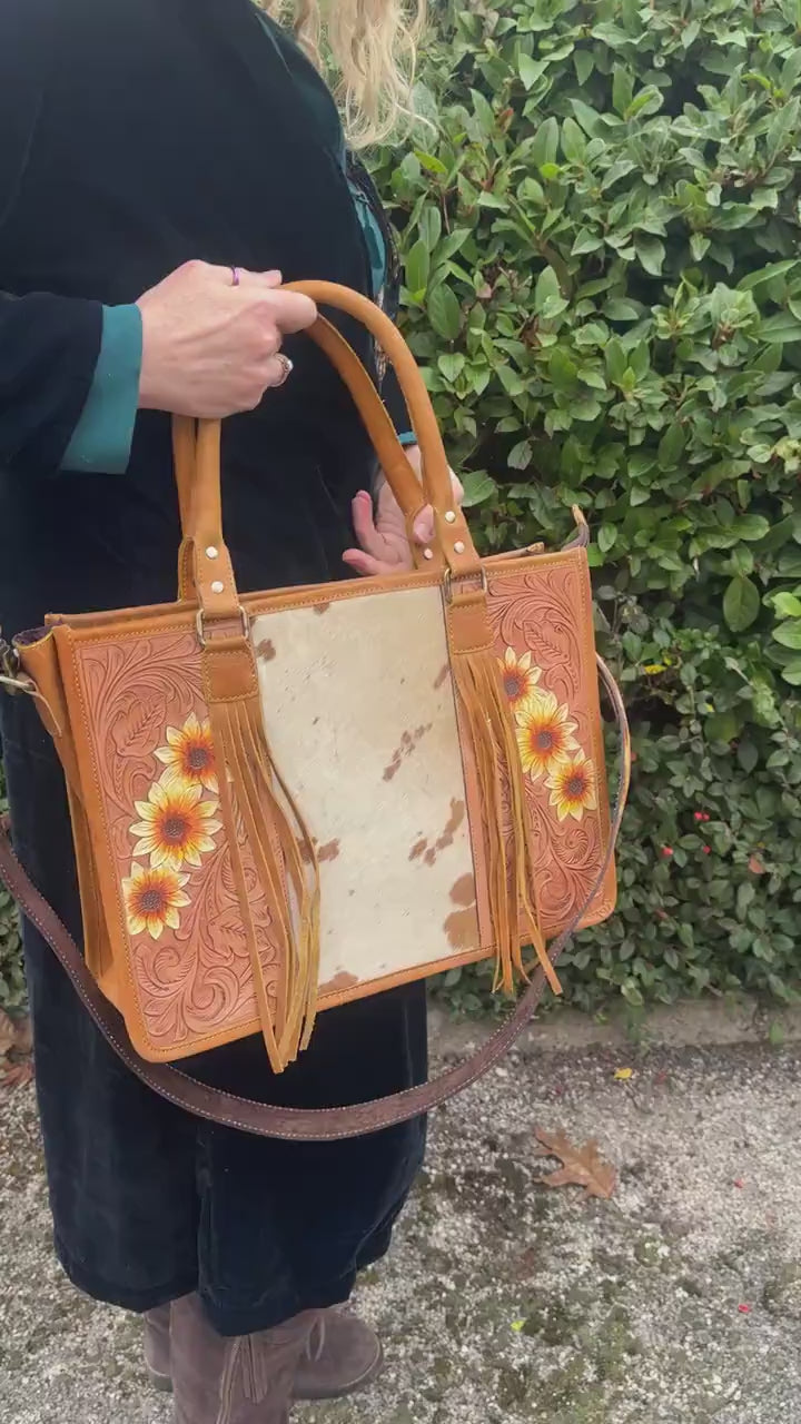 Leather Tote Sunflower hand tooled with hair on