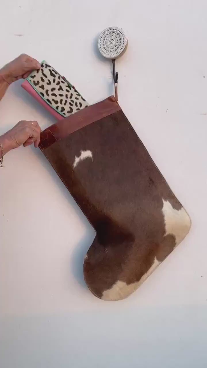 Handmade Cowhide Christmas Stockings with Leather Top