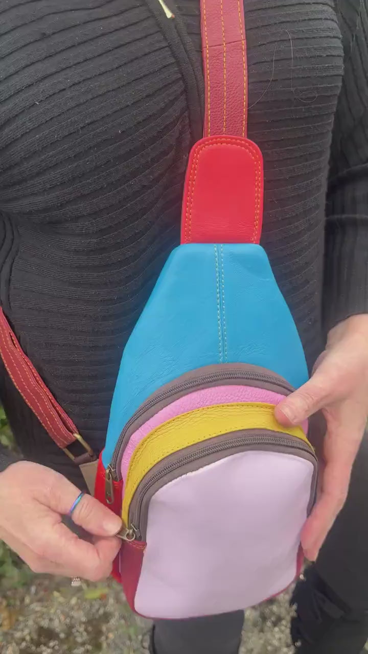 Recycled Coloured Leather Sling Bag with Cowhide