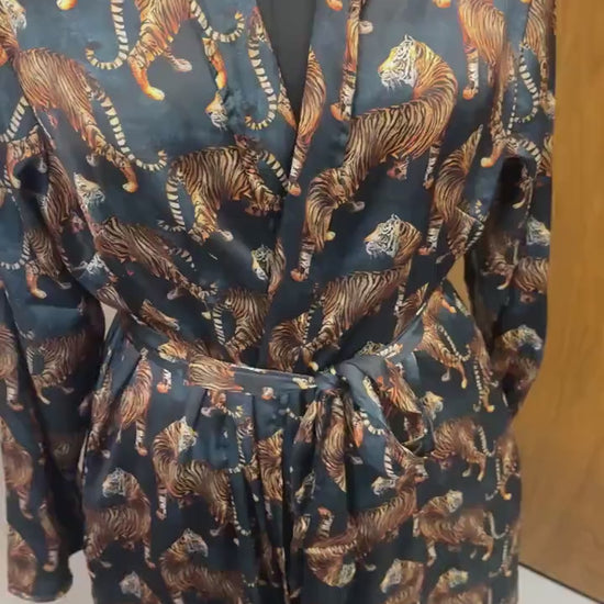 Tiger Print Satin Reversible Long Coat Robe Gown Cover Up