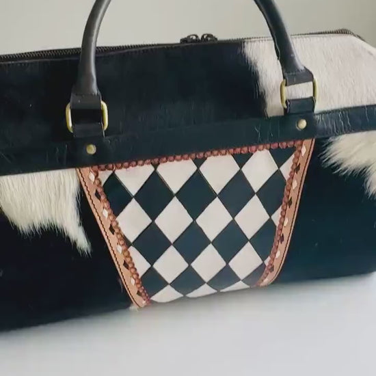 Small Hide & Leather Duffle Bag with Tooled Detailing in Black or Tan