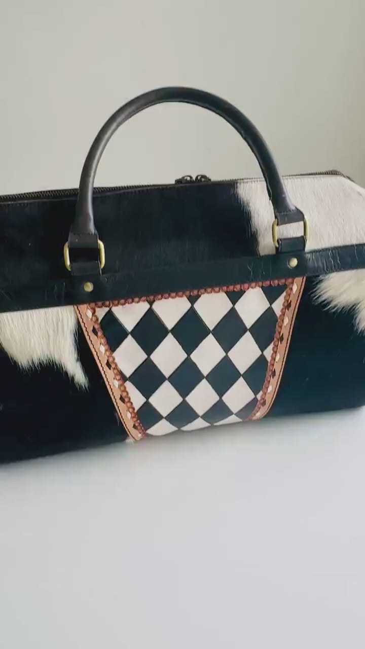 Small Hide & Leather Duffle Bag with Tooled Detailing in Black or Tan