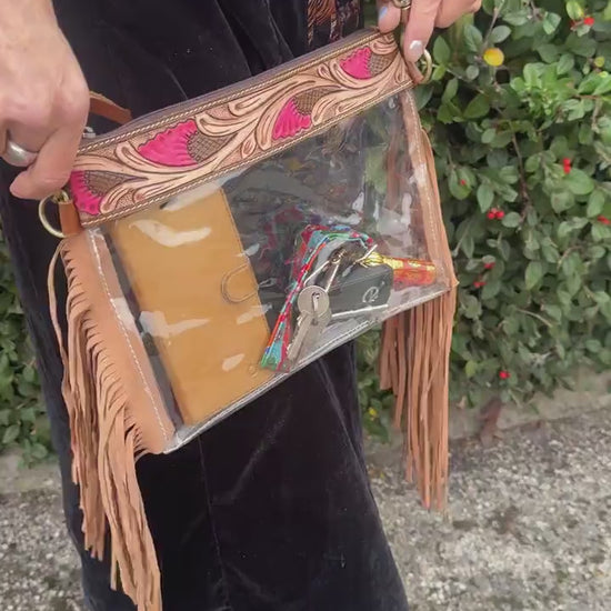Clear See Through Festival Bag with Tassels and Hand Tooled Leather
