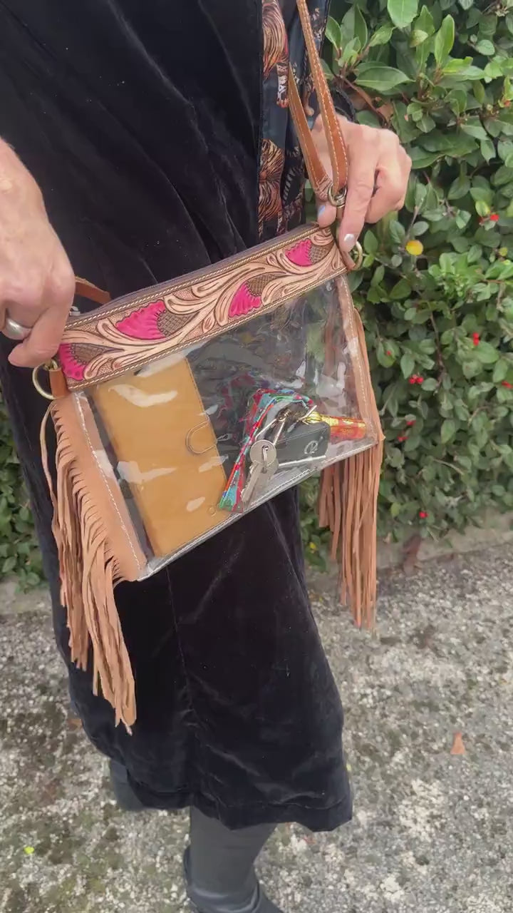 Clear See Through Festival Bag with Tassels and Hand Tooled Leather