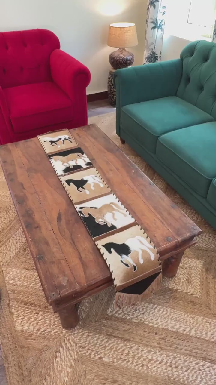 Horse Cowhide Table Runner with Suede Fringe