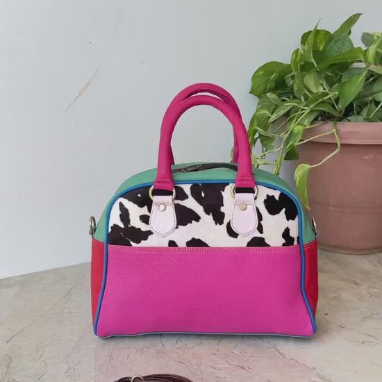 Coloured Leather Boston Bag Hair on Cowhide in Animal Print