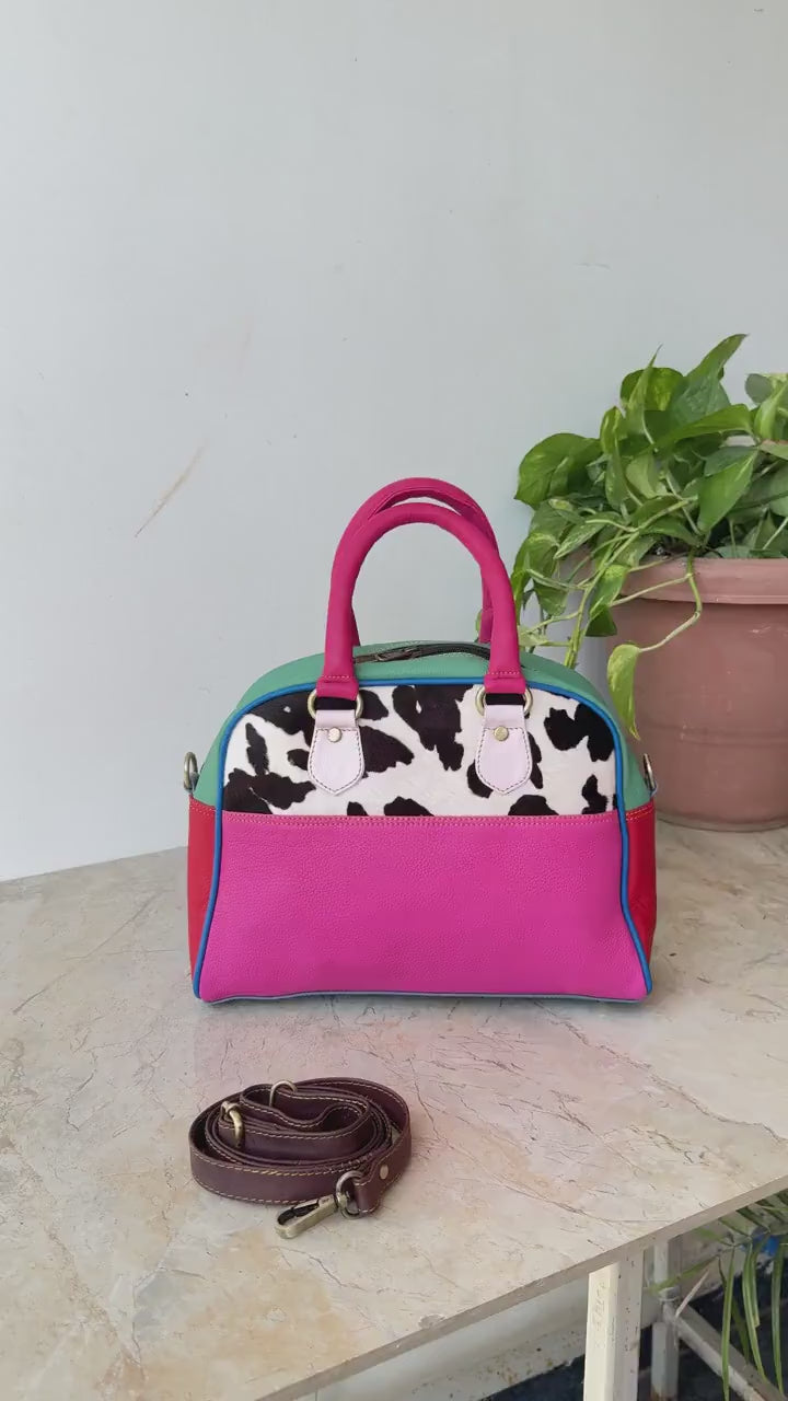 Coloured Leather Boston Bag Hair on Cowhide in Animal Print