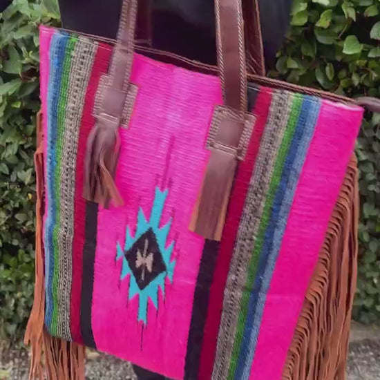 Aztec Leather Laptop Tote: Boho Fringe Shoulder Bag