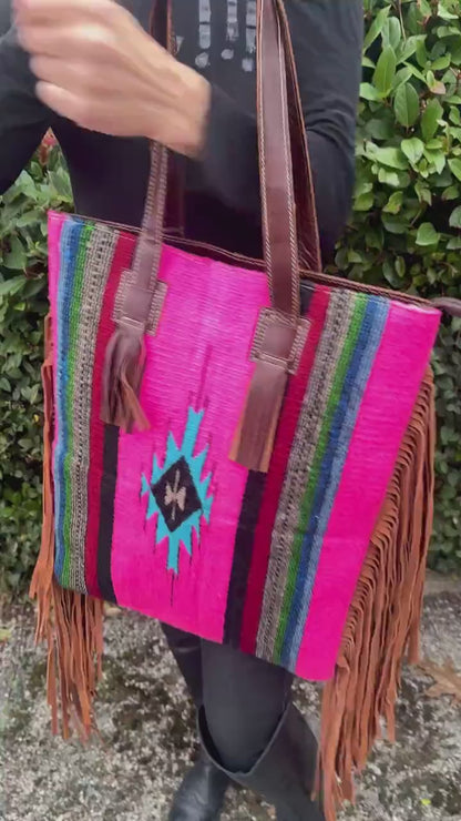 Aztec Leather Laptop Tote: Boho Fringe Shoulder Bag