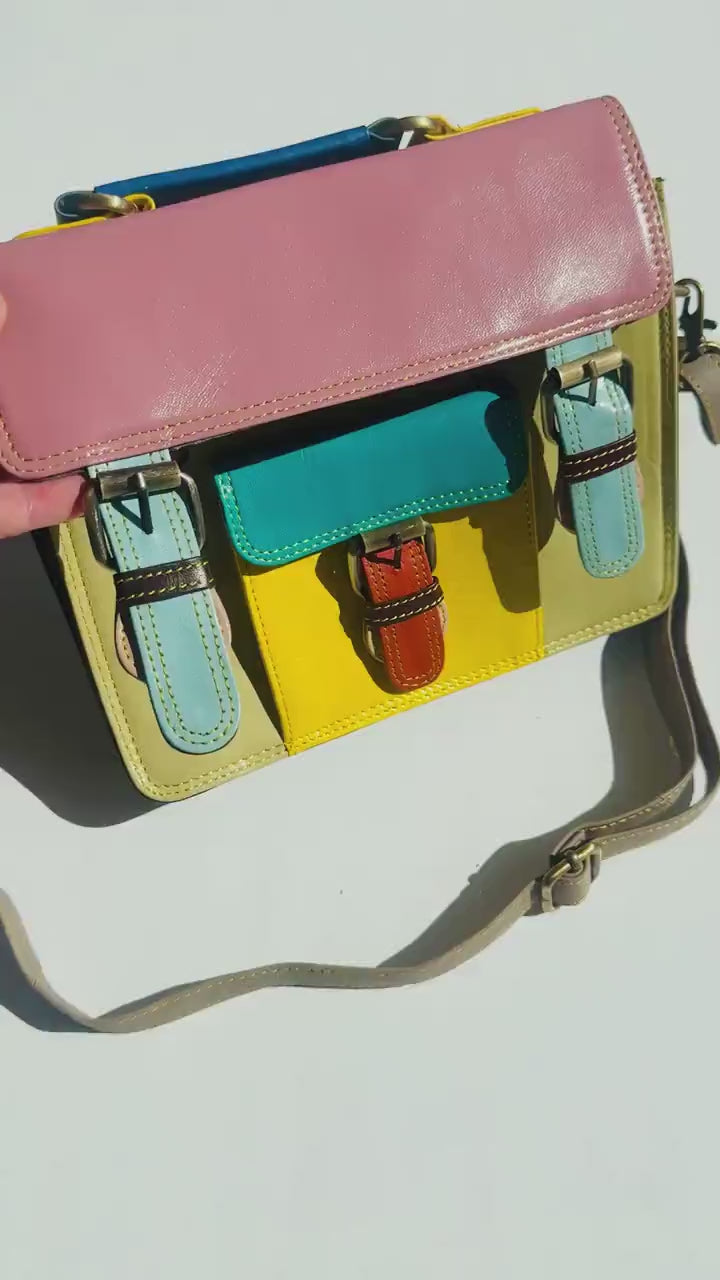 Coloured Leather and Hide Crossbody Satchel Bag