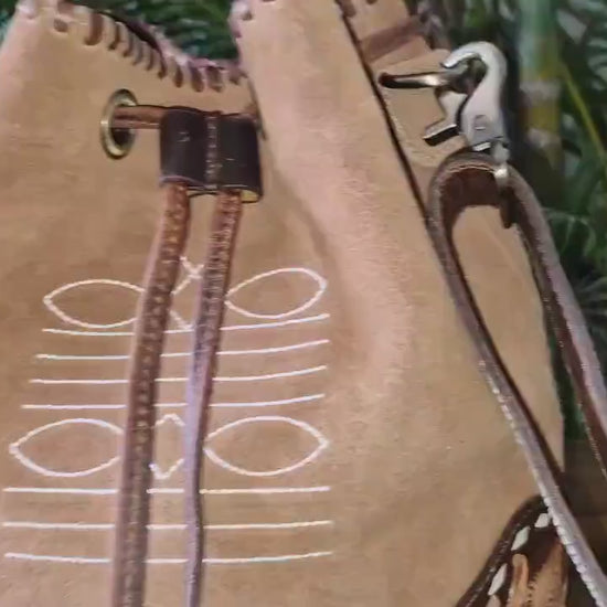 Hand Tooled Leather & Suede Bucket Bag: Western Drawstring Shoulder Bag