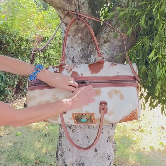 Hand Carved Leather Cowhide Duffle Gym Weekend Bag
