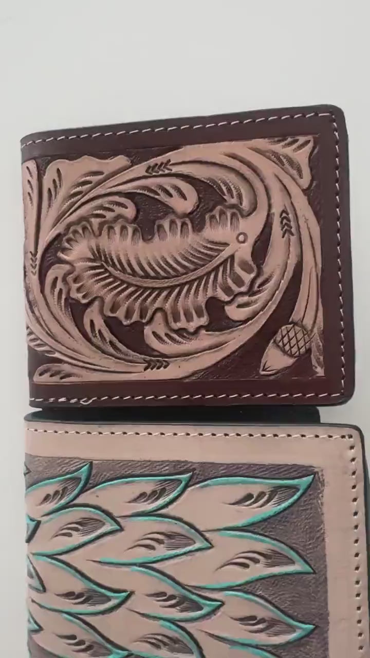 Hand Tooled Leather Bi-Fold Wallet in Various Designs