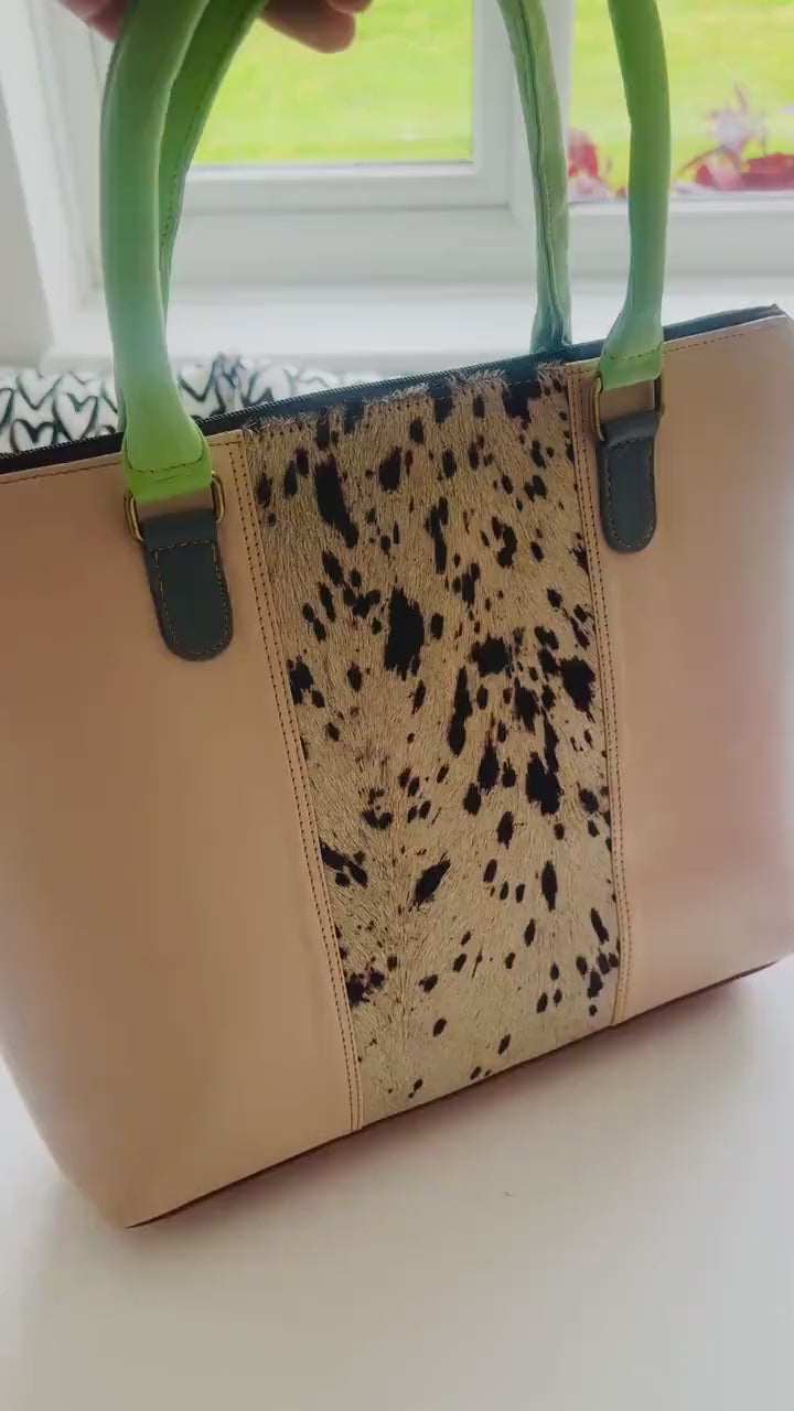 Colourful Tote Womens Leather Laptop Bag | Recycled Leather | Cowhide Animal Print | Womens Laptop Bag | Leather Laptop Bag Women