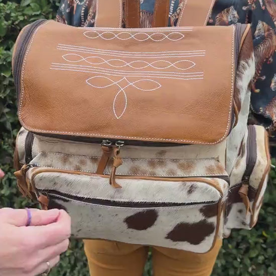 Large Backpack Leather and Cowhide Multiple Zip Pockets Padded Adjustable Shoulder Straps with Top Handle