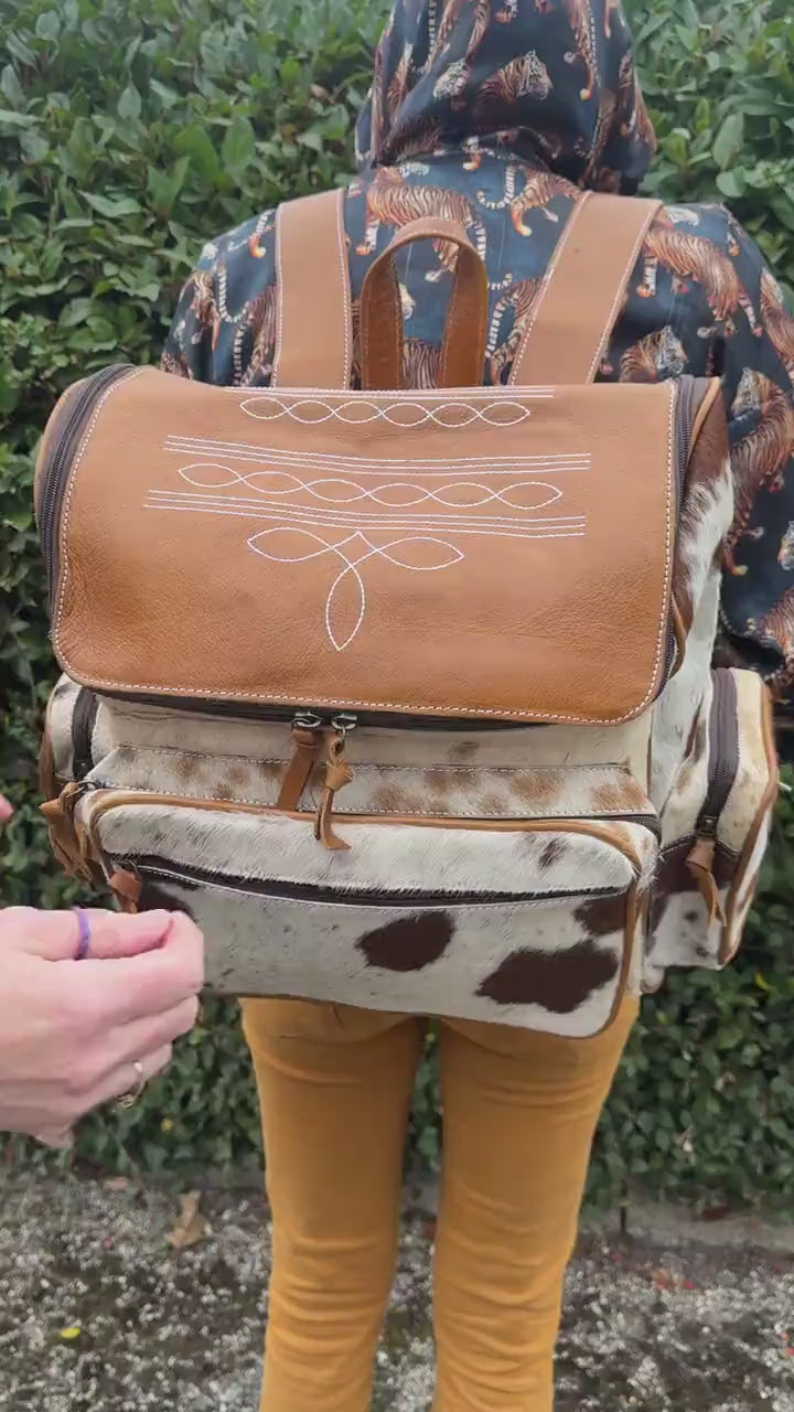 Large Backpack Leather and Cowhide Multiple Zip Pockets Padded Adjustable Shoulder Straps with Top Handle