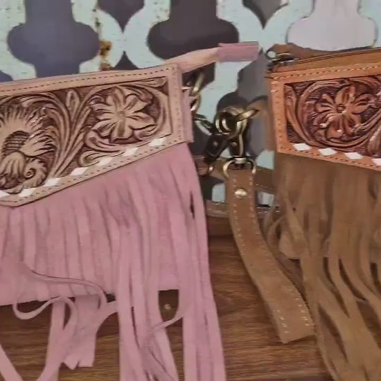 Hand Carved Leather and Suede Fringed Crossbody Wrist Clutch Bag