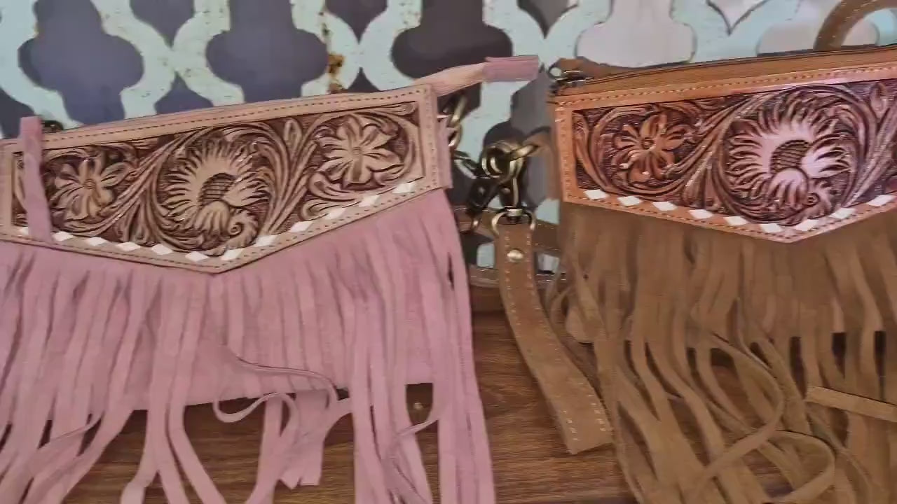 Hand Carved Leather and Suede Fringed Crossbody Wrist Clutch Bag