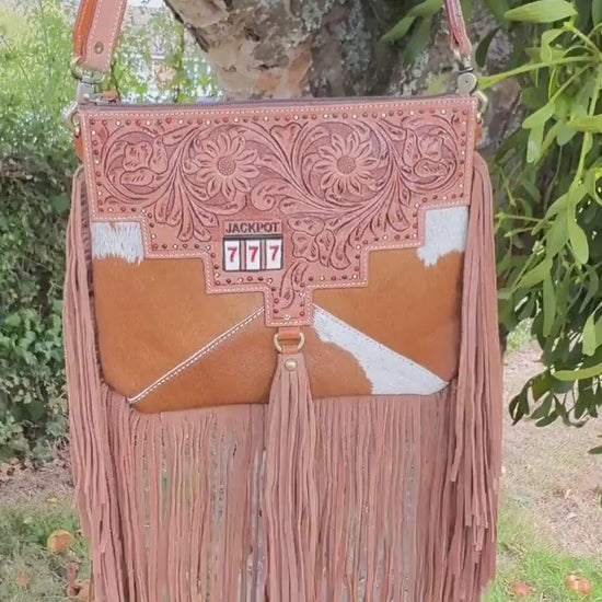Cowhide Fringed Tooled Leather Cross Body Shoulder Bag or Clutch