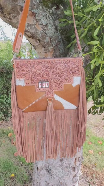 Cowhide Fringed Tooled Leather Cross Body Shoulder Bag or Clutch