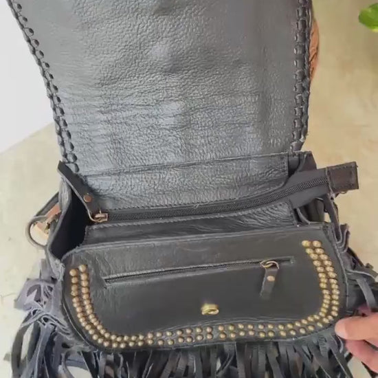 Western Cowhide Fringe Bag – Hand Tooled Leather Crossbody Handbag