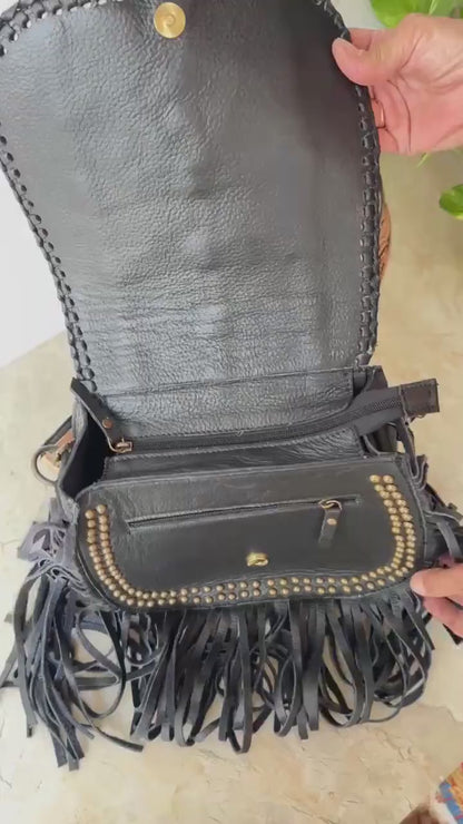 Western Cowhide Fringe Bag – Hand Tooled Leather Crossbody Handbag