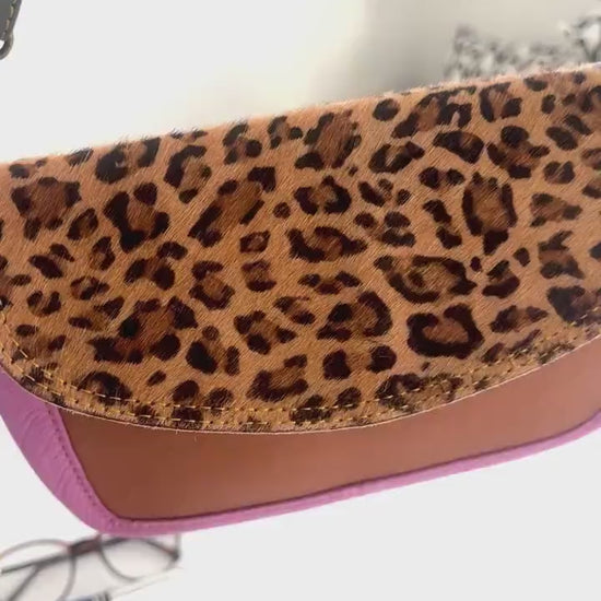 Coloured Leather Cross Body Bag with Animal Print
