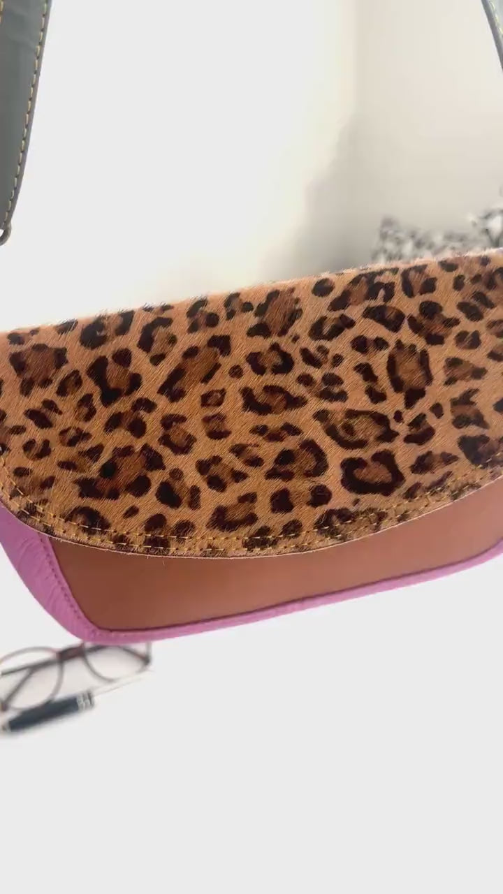 Coloured Leather Cross Body Bag with Animal Print