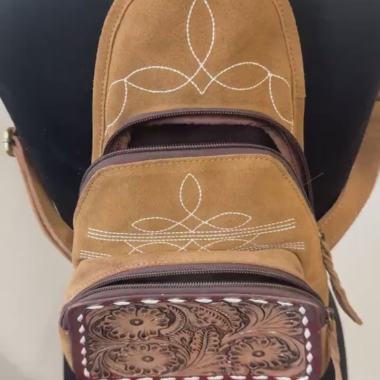 Small Suede Backpack: Western Style Hand Tooled Leather Detail