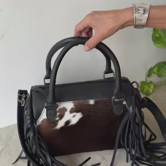 Western Cowhide & Leather Barrel Bag – Fringe Handbag