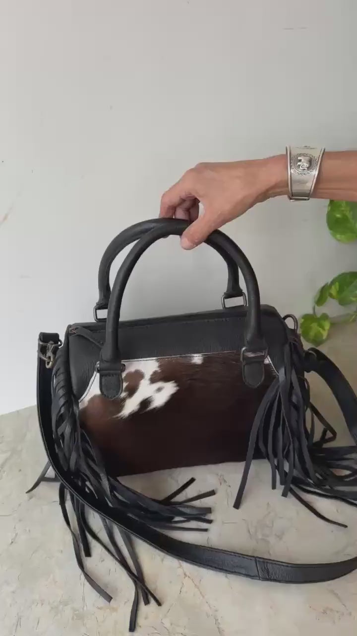 Western Cowhide & Leather Barrel Bag – Fringe Handbag