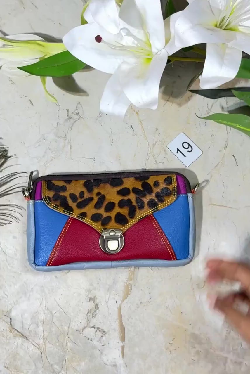 Upcycled Coloured Leather Hair on Hide Animal Print Crossbody Pouch