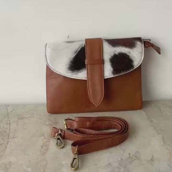 Leather Cowhide Crossbody Clutch Bag with Detachable Strap