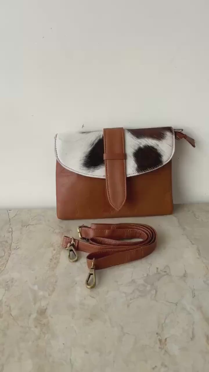 Leather Cowhide Crossbody Clutch Bag with Detachable Strap