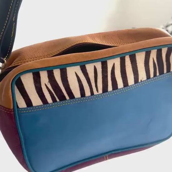 Coloured Leather Cross Body Bag with Animal Print
