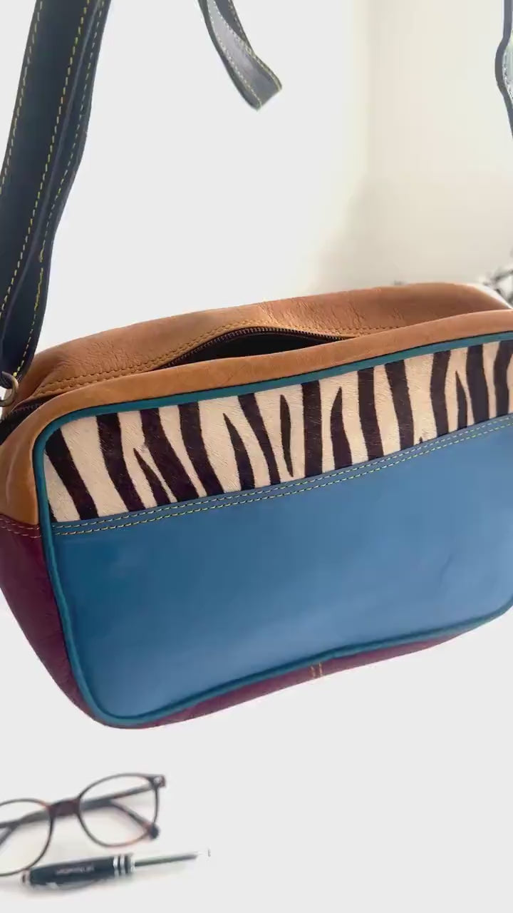 Coloured Leather Cross Body Bag with Animal Print