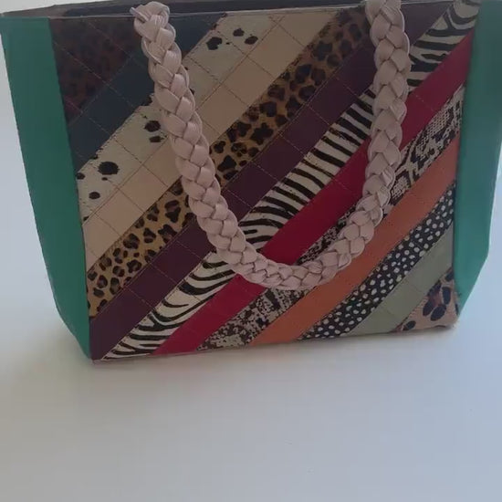 Colourful Leather Tote Bag with Animal Print