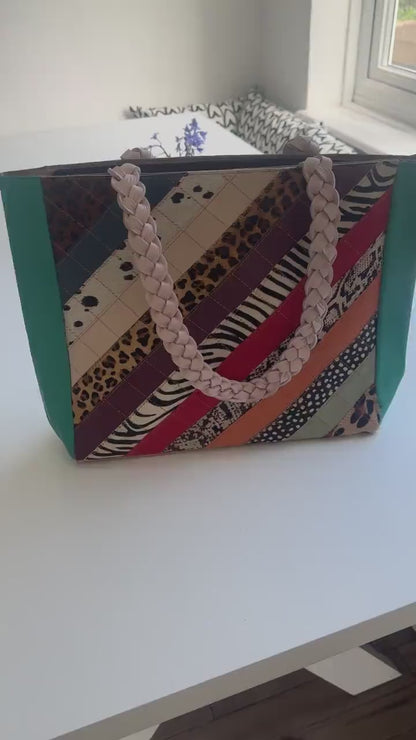 Colourful Leather Tote Bag with Animal Print