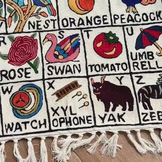 Handmade Alphabet Tapestry Wall Hanging with Animal Embroidery