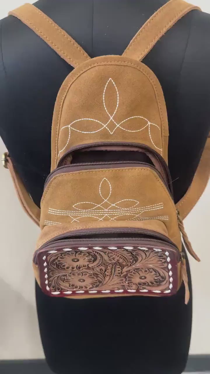 Hand Carved Leather and Suede Backpack